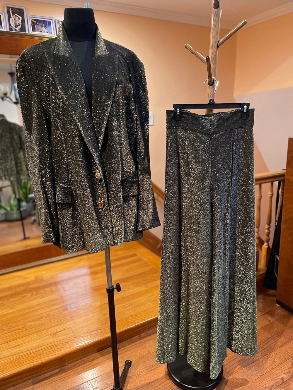 Gianfranco Ferre Glittering Black & Gold Two-Piece Blazer and Wide-Leg Pants